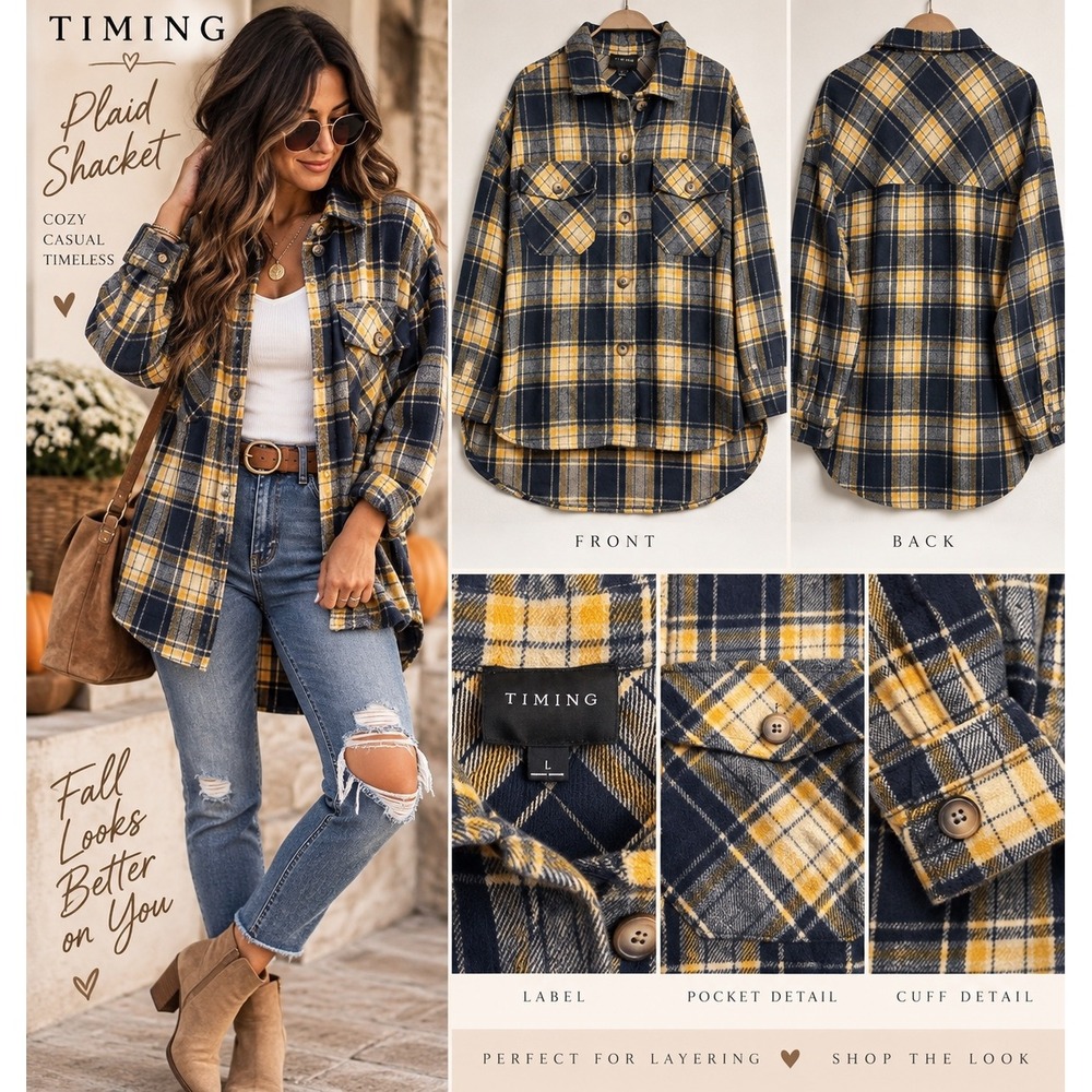 Timing Plaid Shacket Navy Blue Yellow Flannel Shirt Jacket Large